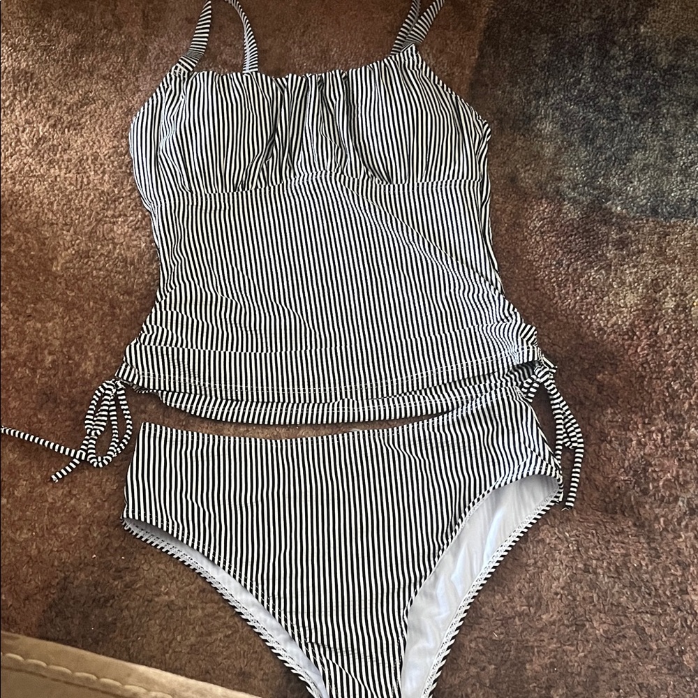 Striped Black and White Two Piece Swimsuit
